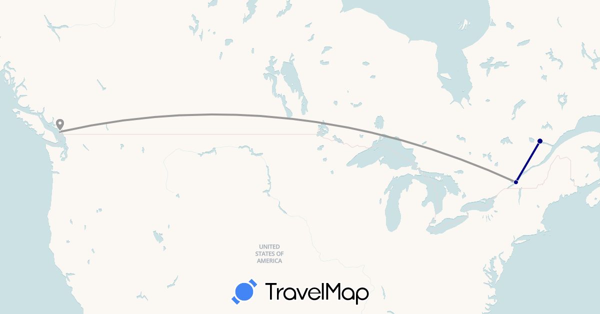TravelMap itinerary: driving, plane in Canada (North America)